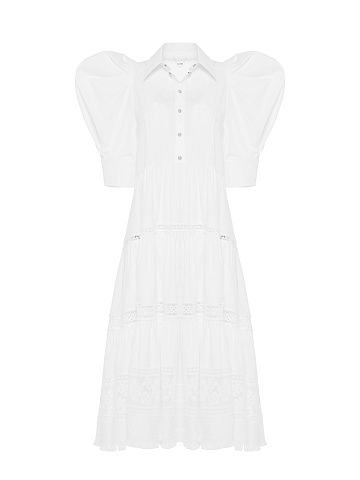 White Lace Trim Lantern Sleeve Midi Dress, 1