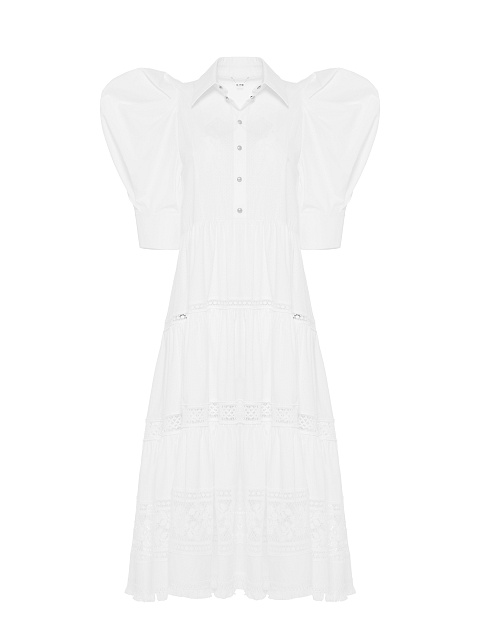 White Lace Trim Lantern Sleeve Midi Dress, 1