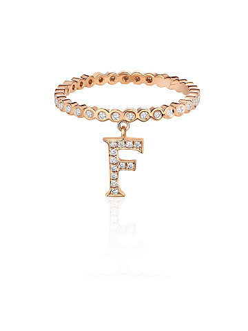 Round Diamond & Rose Gold "F" Letter Ring, 1