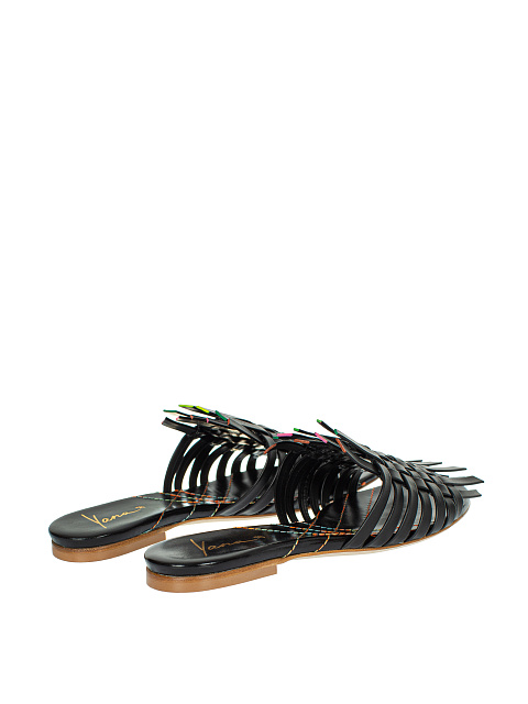 Black Leather Woven Mules, 3