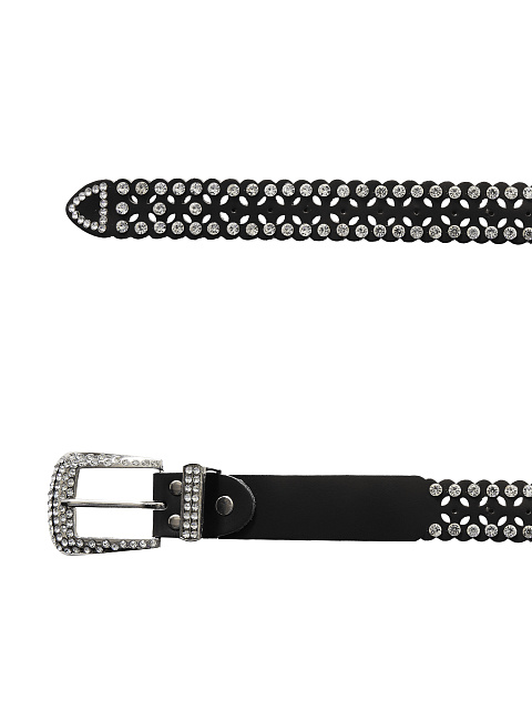 Black Rhinestone Perforated Faux Leather Belt, 4
