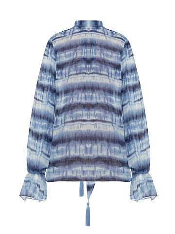 Blue & White Chiffon Blouse With Tassels, 2