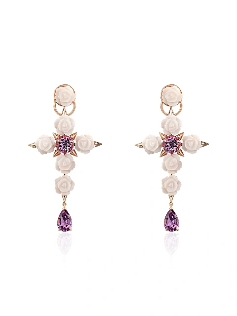 Rose Gold, Rose-cut Mother-of-Pearl & Amethyst Earrings, 1 Rose Gold, Rose-cut Mother-of-Pearl & Amethyst Earrings, 1