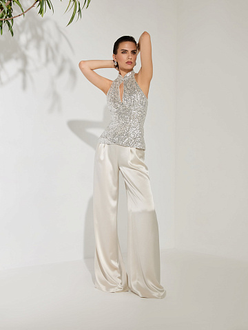 Beige Two-piece Suit Of Sequin Top And Silk Trousers, 2