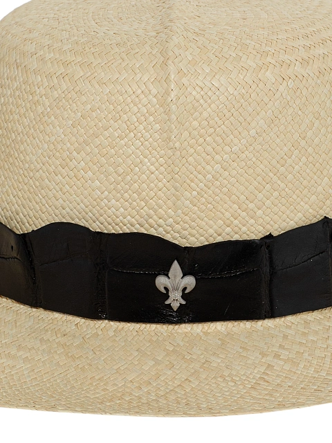 Black Crocodile Leather Trimmed Lily Straw Hat, 4