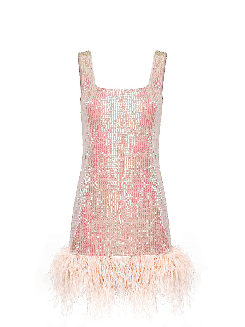 Pink Sequined Feather-Trimmed Mini Dress, 1