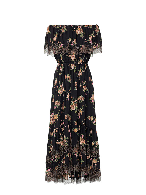 Black silk midi dress with floral print, 1
