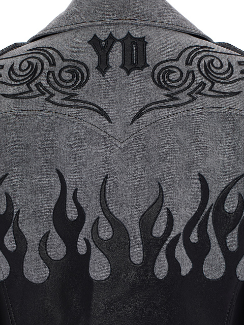 Grey Leather Trim Denim Biker Jacket, 4