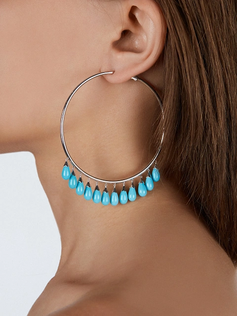 White Gold & Turquoise Hoop Earrings, 5