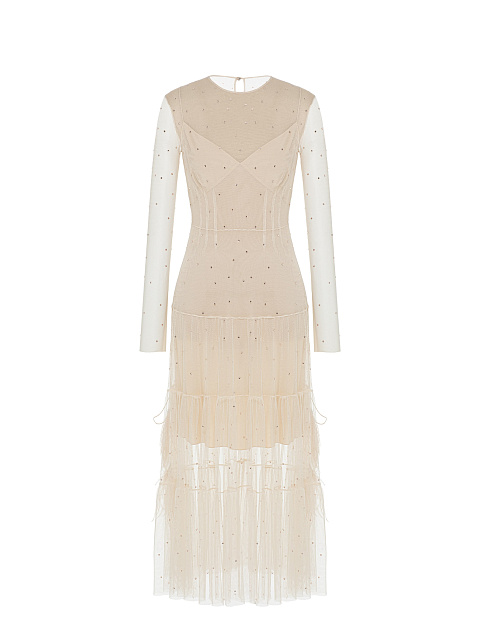 Beige Crystal Mesh Midi Dress, 1