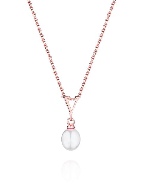 Gold-plated silver necklace with a pendant with the letter V and a pearl, 1