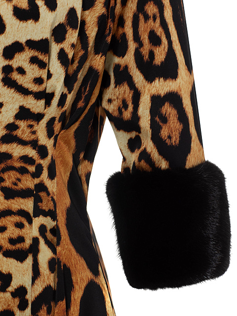 Leather & Mink Fur Trimmed Leopard Printed Silk Dress, 3