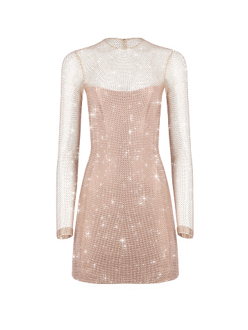 Beige Rhinestones Mesh Mini Dress, 1