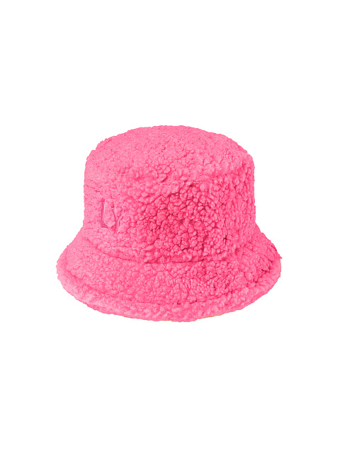 LY Embroidered Pink Faux Fur Bucket Hat, 1