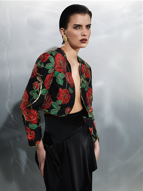 Cropped Black Jacquard With Floral Print And Embroidery, 2