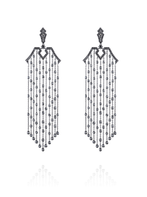 Black Briolette, Round Diamond & Black Gold Earrings, 1