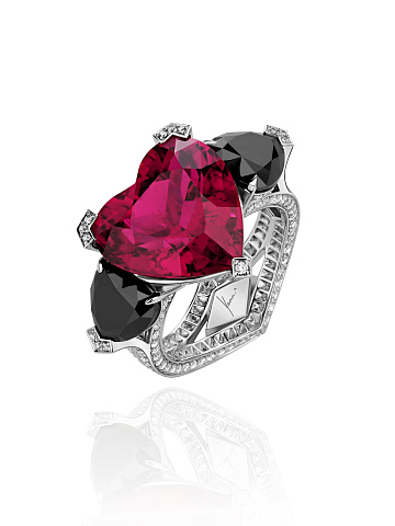 Heart Tourmaline Rubellite & 2 Heart Black Diamond & White Gold Ring, 1