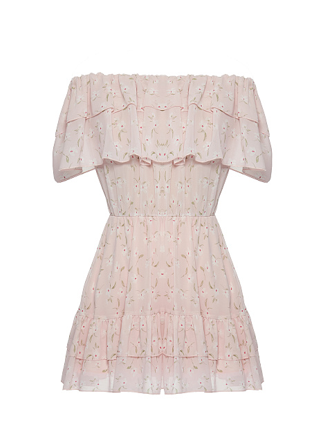 Light Pink Flower Printed Off Shoulder Mini Dress, 1