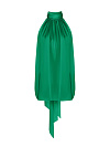 Топ из зеленого шелка, воротник стойка, американская пройма, шарф-бант Топ из зеленого шелка, воротник стойка, американская пройма, шарф-бант