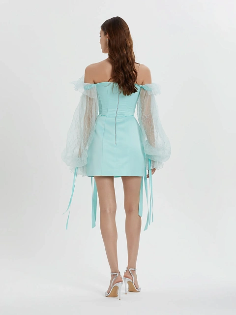 Turquoise Satin & Organza Mini Dress, 7