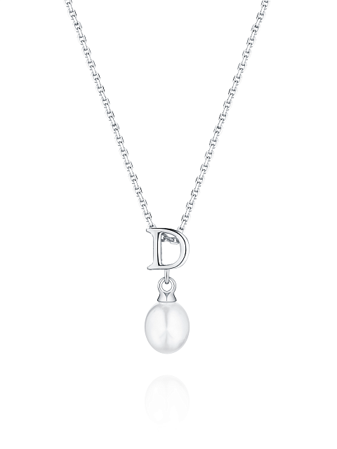 Silver necklace with a pendant with the letter D and a pearl, 1