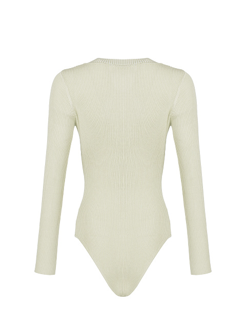 Eggshell Ribbed Cotton V-Neck Bodysuit, 3