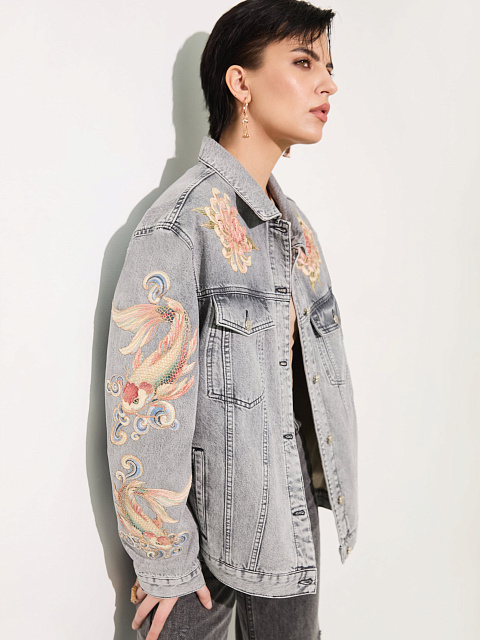 Grey denim jacket with embroidery, 3
