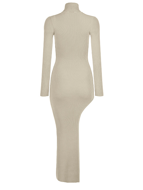 Beige Rib Knit Turtleneck Cut Out Maxi Dress, 2