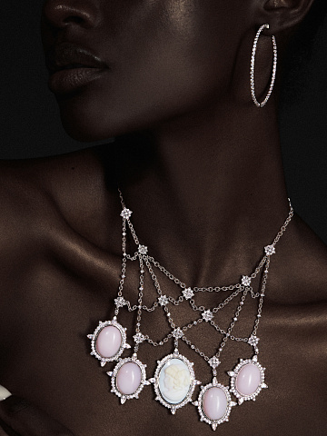 White Gold 5 Senses Cameo & Morganite & Opal & Diamond Necklace, 2