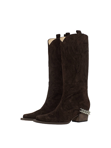 Brown suede cowboy boots with chain, 1