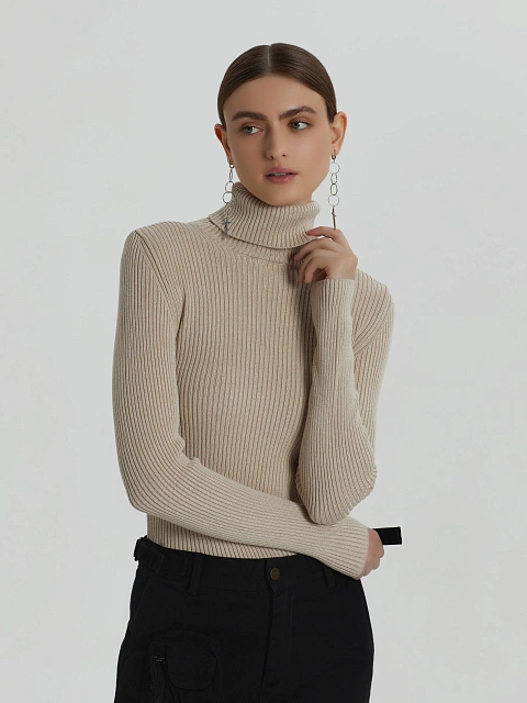 Light Beige Rib Knit Jersey Turtleneck, 2 Light Beige Rib Knit Jersey Turtleneck, 2