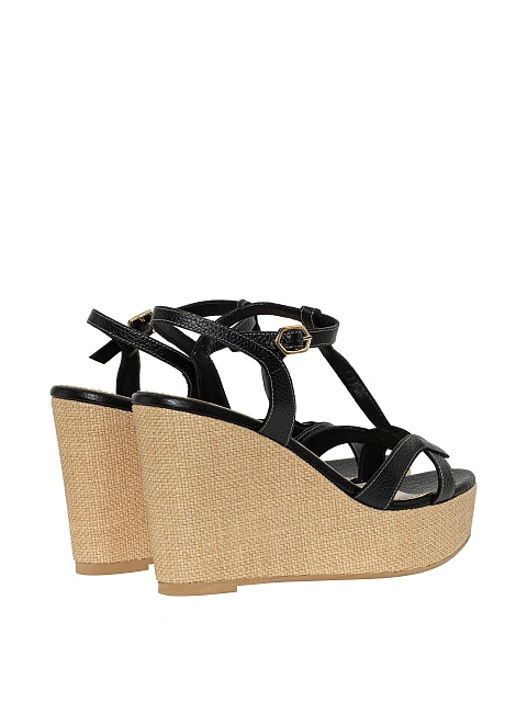 Black Leather Wedge Sandals, 3