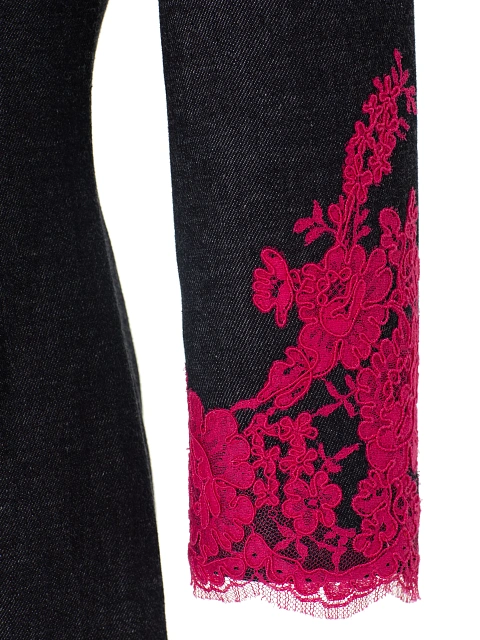 Black Pink Lace Trim Denim Midi Dress, 4