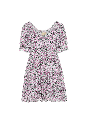 White & Pink Floral Print Cotton Mini Dress With Ruffles, 1