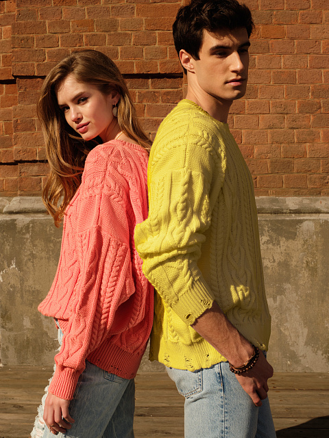 Coral Distressed Cable Knit Sweater, 4