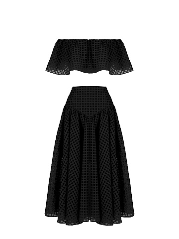 Black Checked Chiffon Top & Midi Skirt, 1