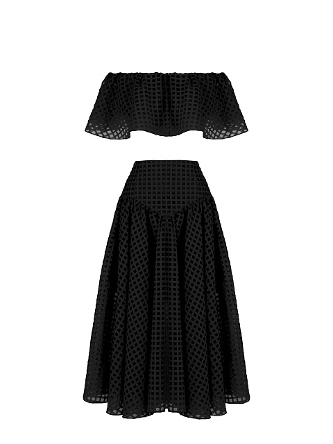 Black Checked Chiffon Top & Midi Skirt, 1