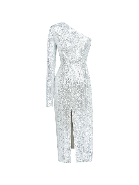 Silver Sequined Asymmetric Midi Dress , 2