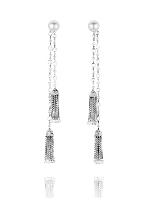 Briolette, Round, Baguette Diamond & Pearl South Sea & White Gold Tassel Earrings, 1 Briolette, Round, Baguette Diamond & Pearl South Sea & White Gold Tassel Earrings, 1