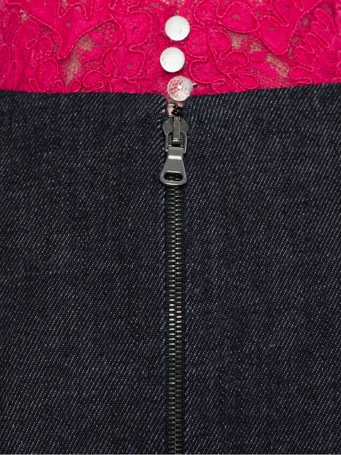 Black Pink Lace Trim Denim Midi Dress, 5