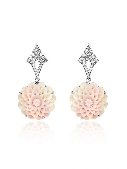 Carved Shell, Round Diamond & White Gold Earrings, 1