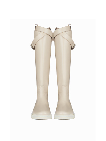 Ivory Leather Buckled Knee Boots, 2