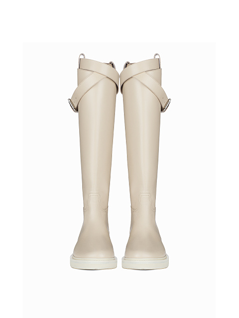 Ivory Leather Buckled Knee Boots, 2