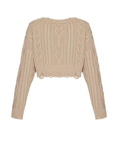Beige Cotton Cropped Cable Knit Sweater, 2
