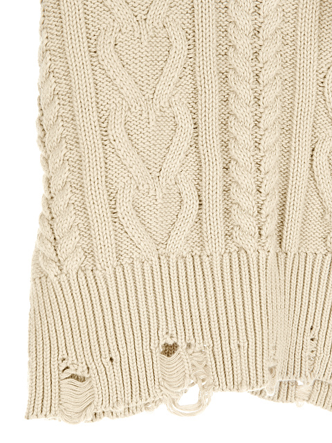 Light Beige Cotton Cropped Cable Knit Sweater, 3