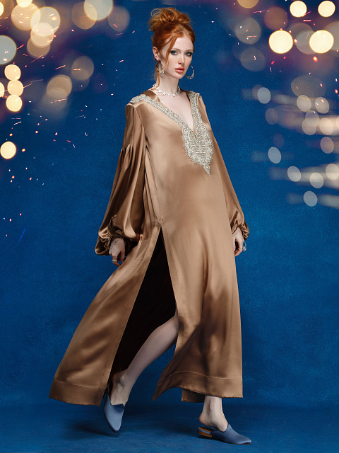 Brown Embroidered Silk Midi Dress, 5