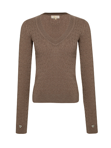 Brown Braided Cashmere V-neck Sweater, 1