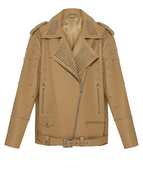 Oversized Beige Studded Biker Jacket, 1