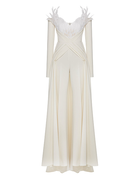 White suit with feather-trimmed blazer and trousers, 1