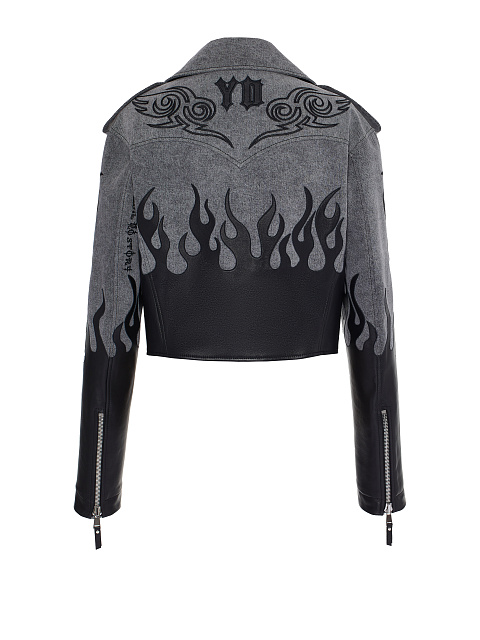 Grey Leather Trim Denim Biker Jacket, 2